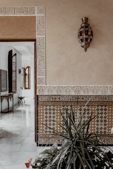 A beautifully decorated interior features a beige wall with intricate geometric tile patterns along the lower half and ornate white engravings around the doorway. There is a decorative wall lamp with an intricate design. In the foreground, lush green plants add a natural touch to the setting.
