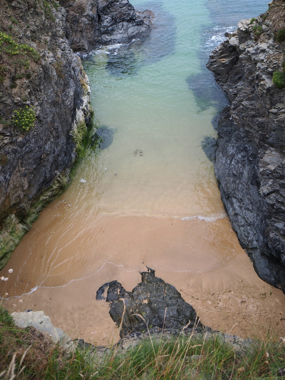 aerial photo of body of water and rocks