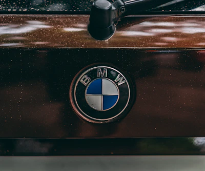 Close-up of BMW logo on a car part with a glossy finish.