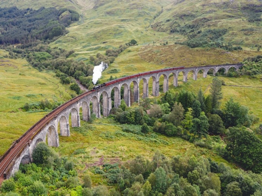 aerial photo of concrete bridge beside plants in Glenfinnan Viaduct United Kingdom