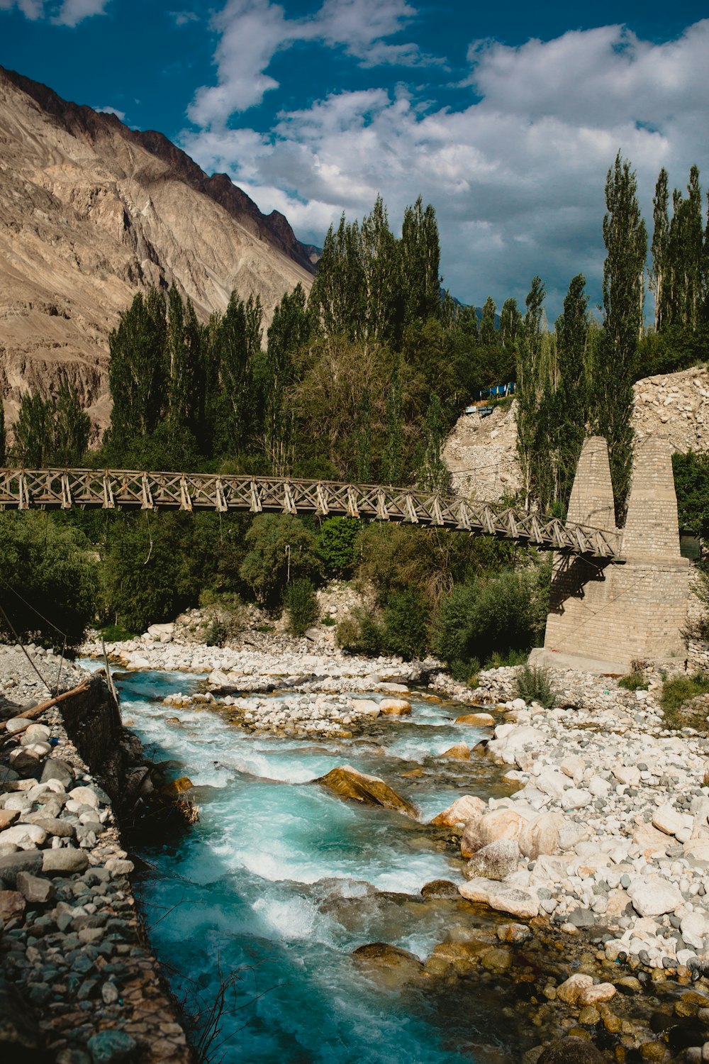 Ein Fluss, der unter einer Brücke fließt, umgeben von Bergen