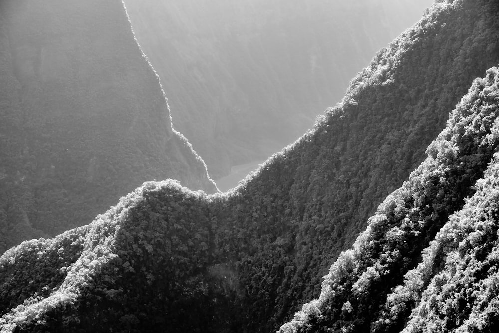 a black and white photo of a mountain side