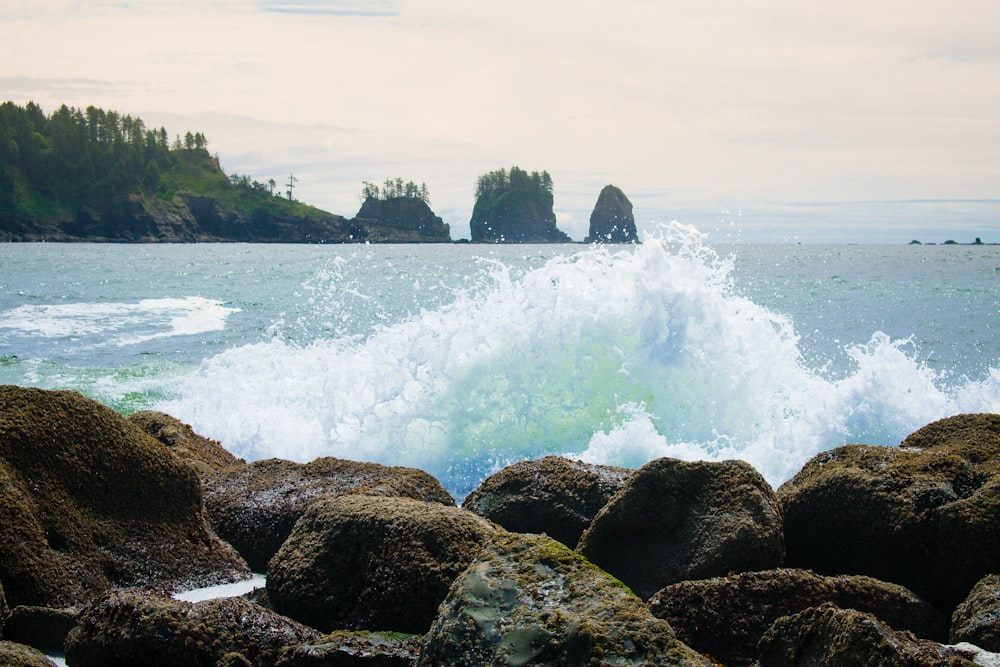 wave crashing on rocky seashore during day