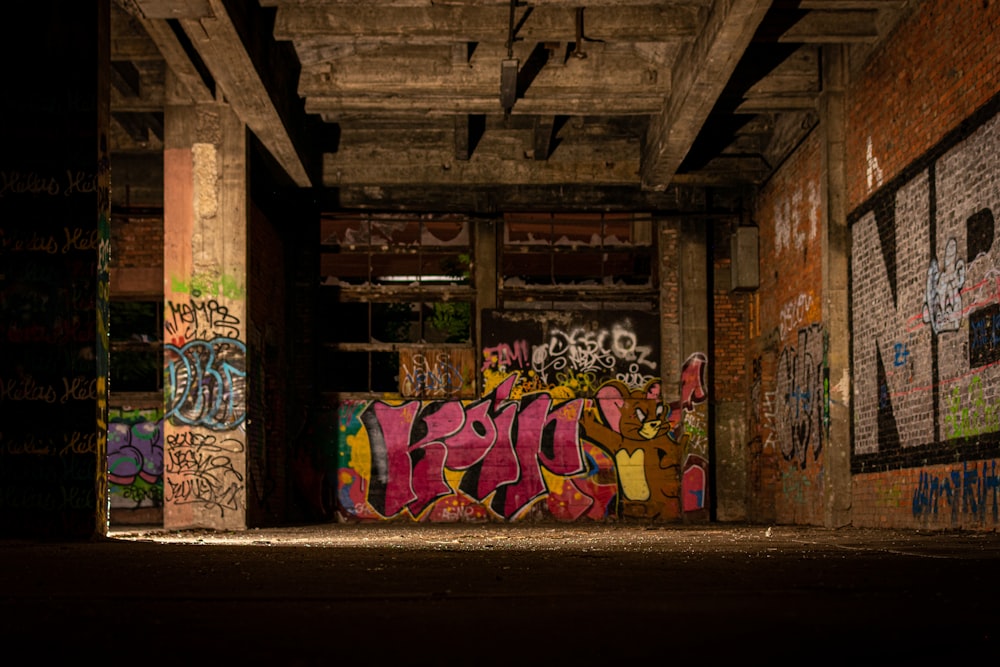a room with graffiti all over the walls