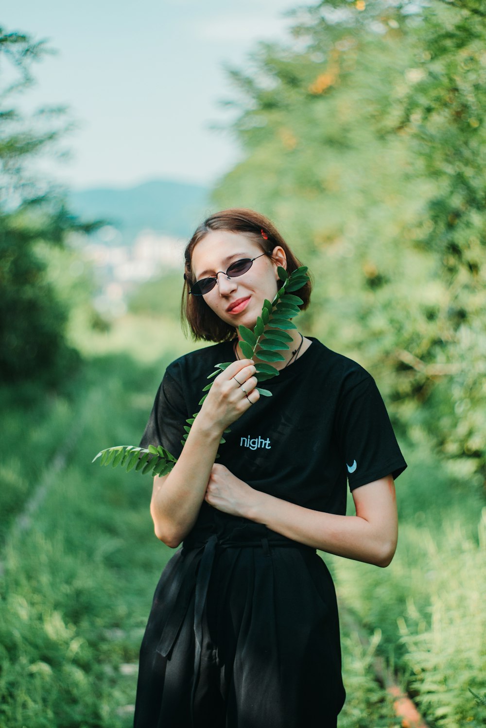 woman in black t-shirt