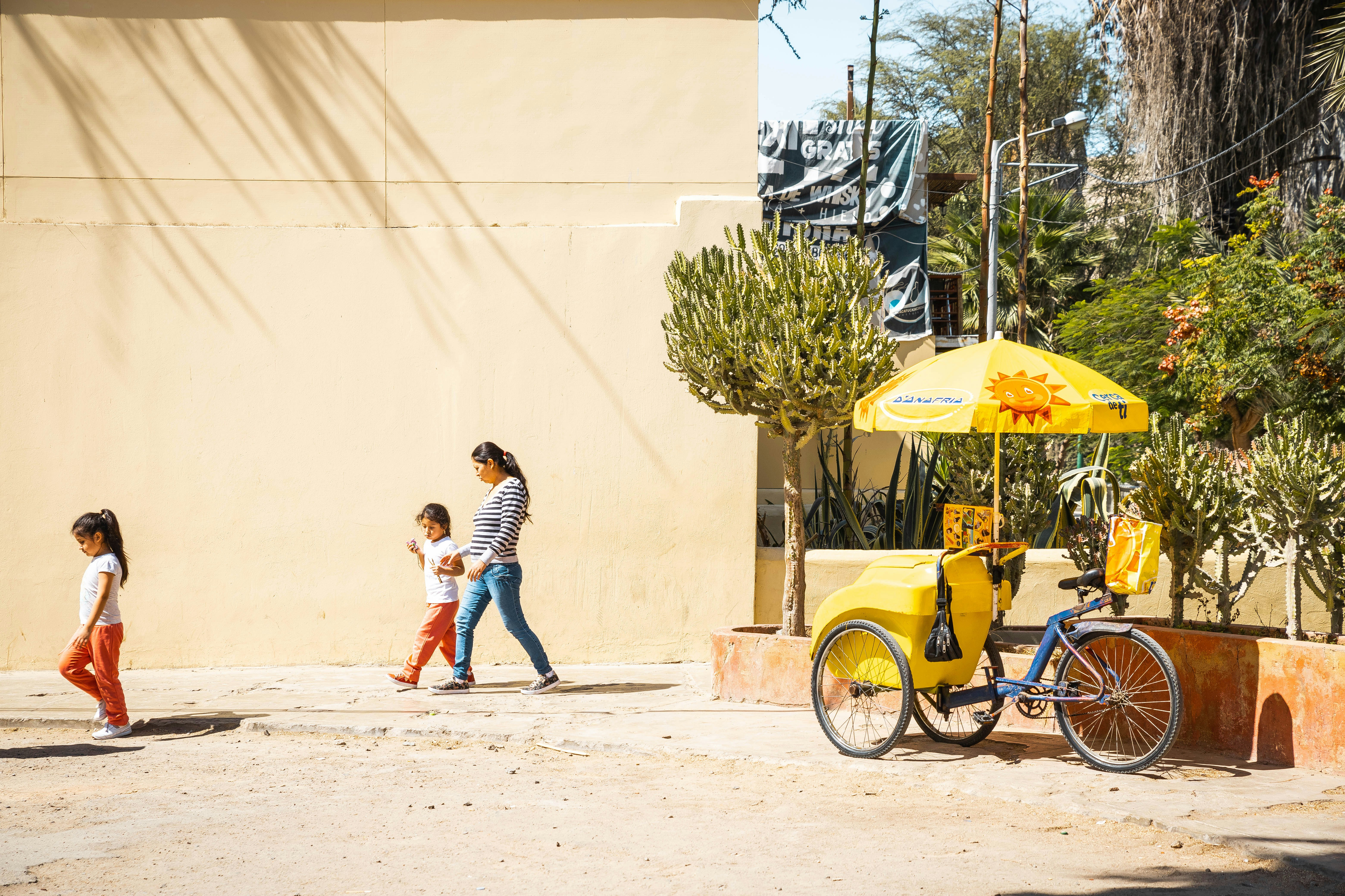 yellow trike beside green plants