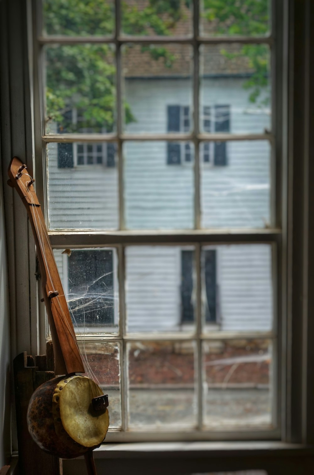 brown string guitar near closed window