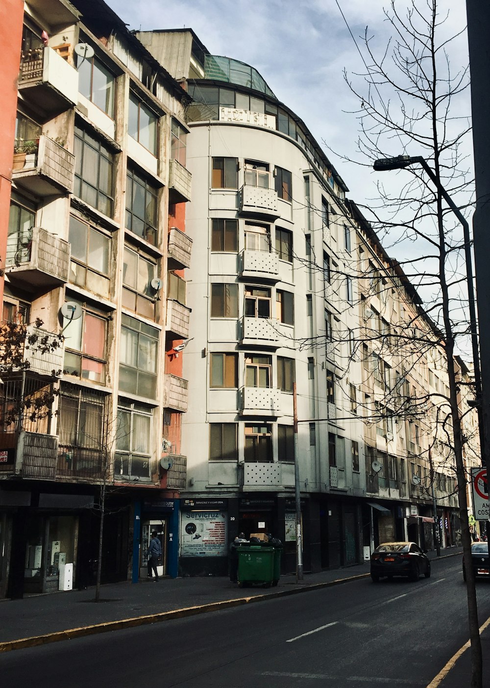 Árbol desnudo al lado de un edificio al borde de la carretera