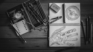 A detailed black-and-white photograph featuring various drawing tools, including pencils, pens, an eraser, and a protractor, arranged on a wooden surface. A spiral-bound notebook displaying an intricate hand-drawing with patterns is positioned centrally. A wristwatch is placed on top of a box of colored pencils.
