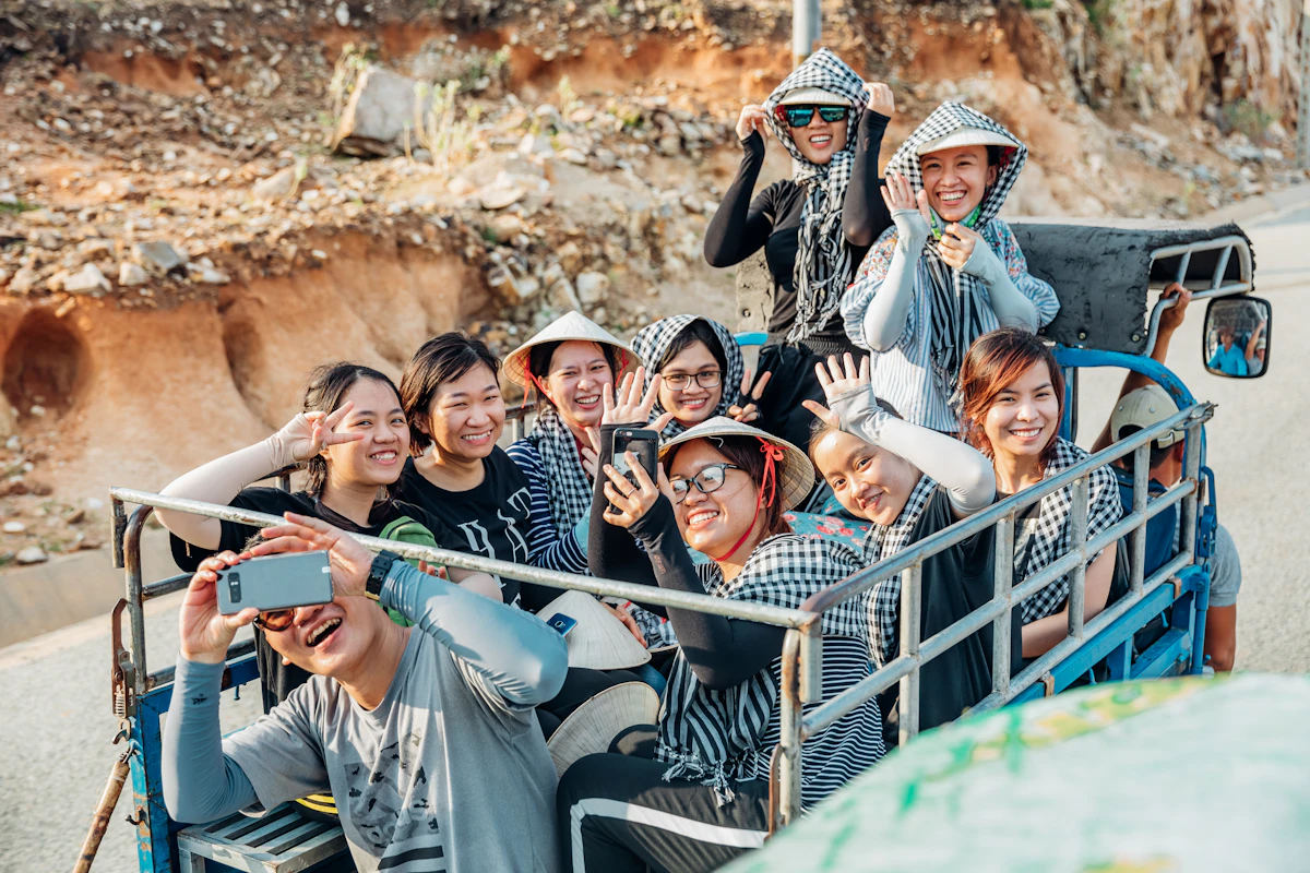 Group of young travelers on a budget adventure road trip