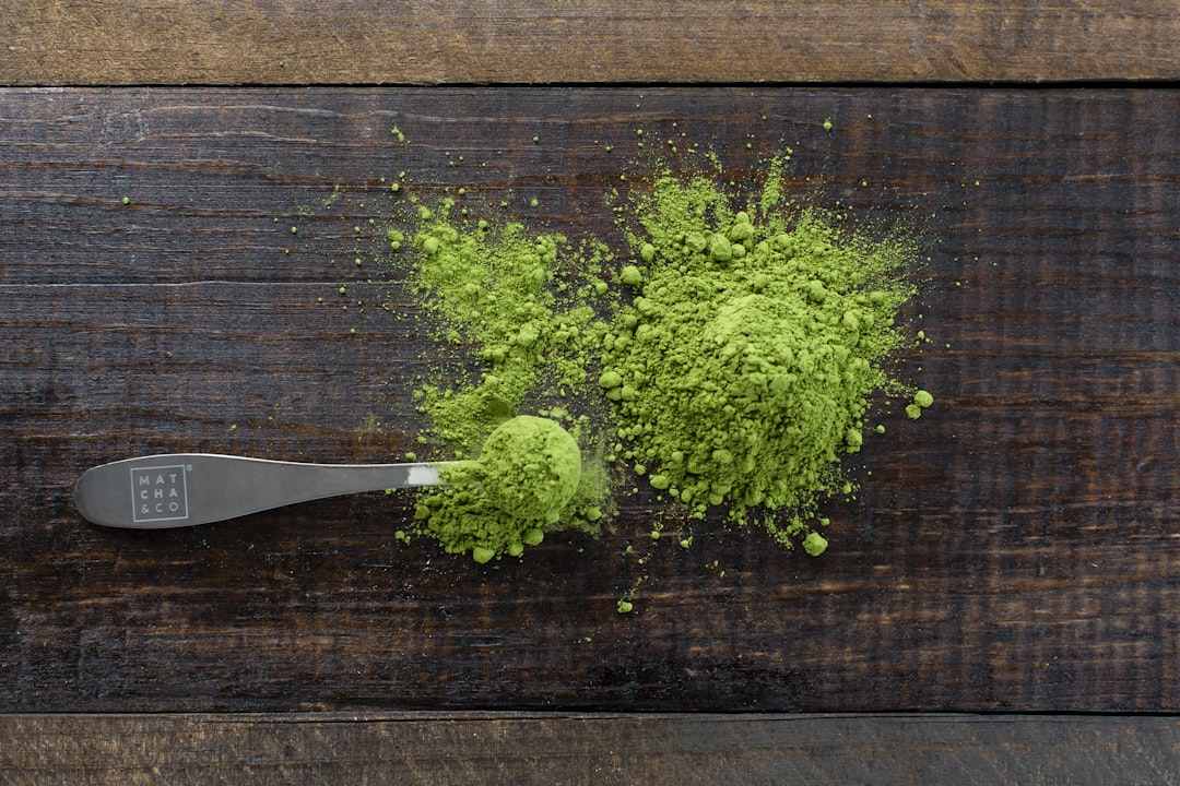 green powder herbs near scope, Matcha tea and accessories from Matcha & CO.