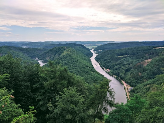 aerial photography of river and mountain range during daytime in Saarschleife Germany