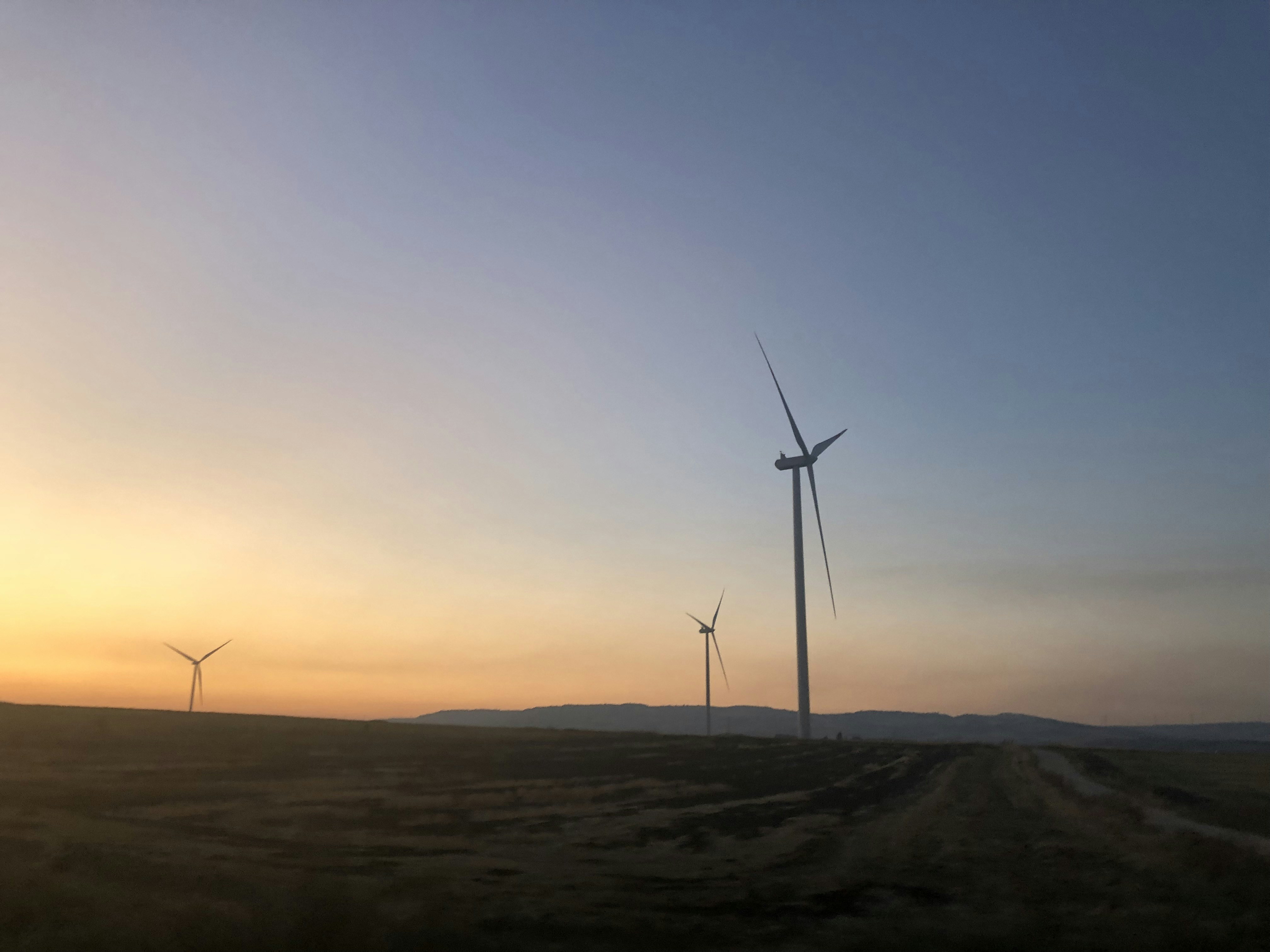 Three wind turbines during a golden hour