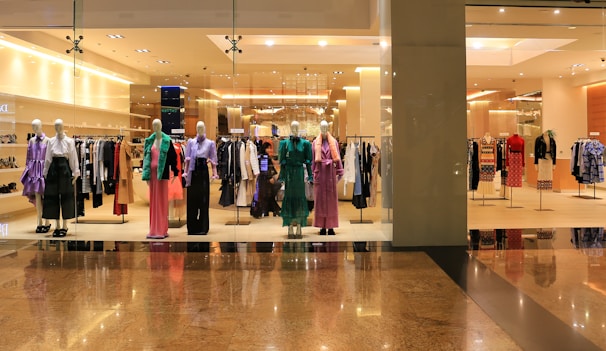 Mannequins dressed in various colorful outfits are displayed in a fashion store window. The interior is brightly lit, showcasing racks filled with neatly organized clothing items. The store has a modern, luxurious appearance with polished flooring.