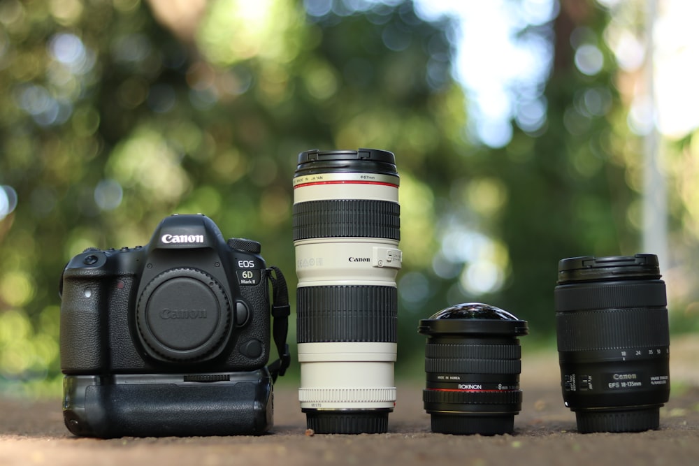 selective focus photography of black and white Canon DSLR camera set