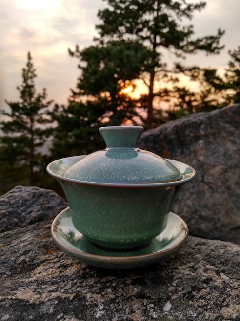 A green ceramic tea cup with a lid is placed on a rock, set against the backdrop of trees and a sunset sky. The scene is captured outdoors, blending natural elements with the handcrafted pottery piece.