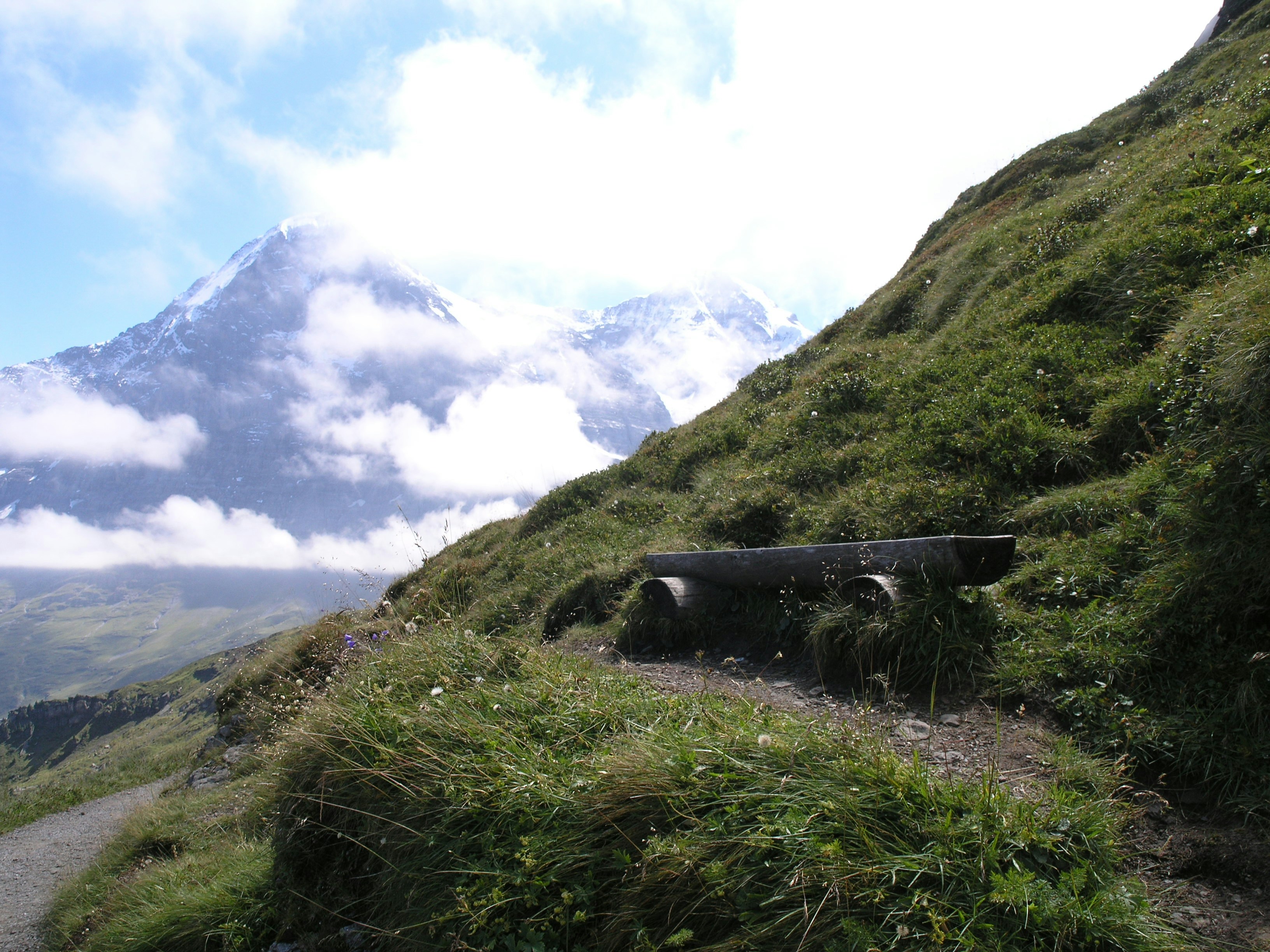 concrete bench beside dirt road on grass mountain