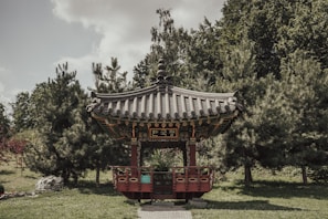 A traditional Korean gazebo, intricately decorated with colorful patterns, stands amidst a lush green park filled with pine trees. The structure features a distinct tiled roof and pillars adorned in vibrant red and other colors.