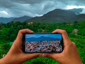 A vibrant image of a traveler using a smartphone in a Brazilian landscape.