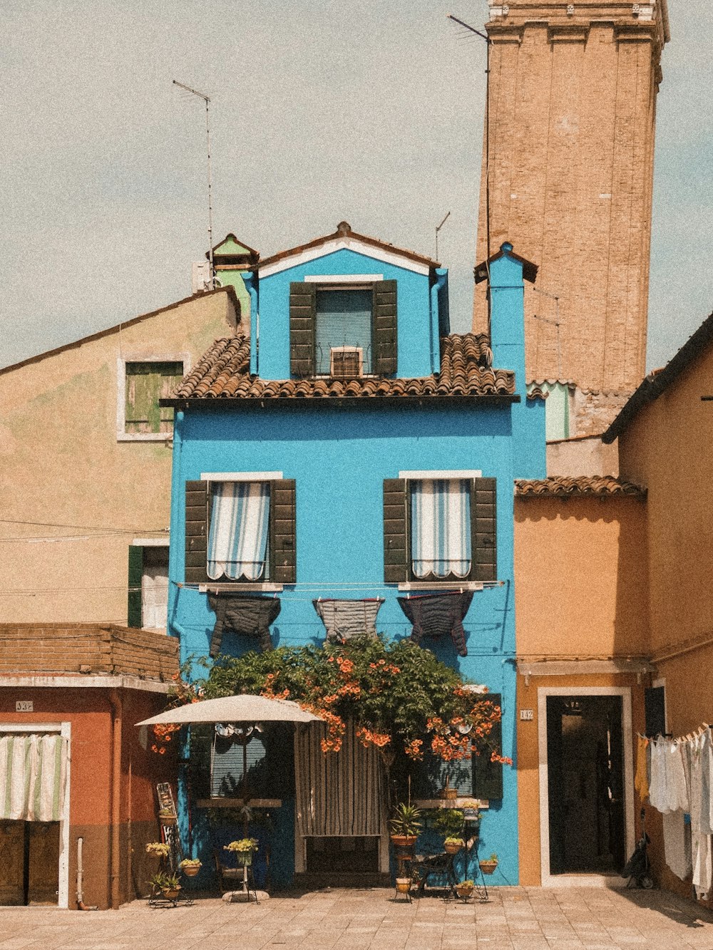 blue and orange concrete house with orange flowers near wall