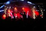 An electrifying concert crowd waving hands under colorful stage lights in Mumbai.