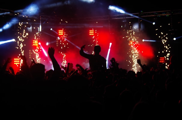 Crowd pulsing with energy at an electropop live show, lights flashing dynamically.