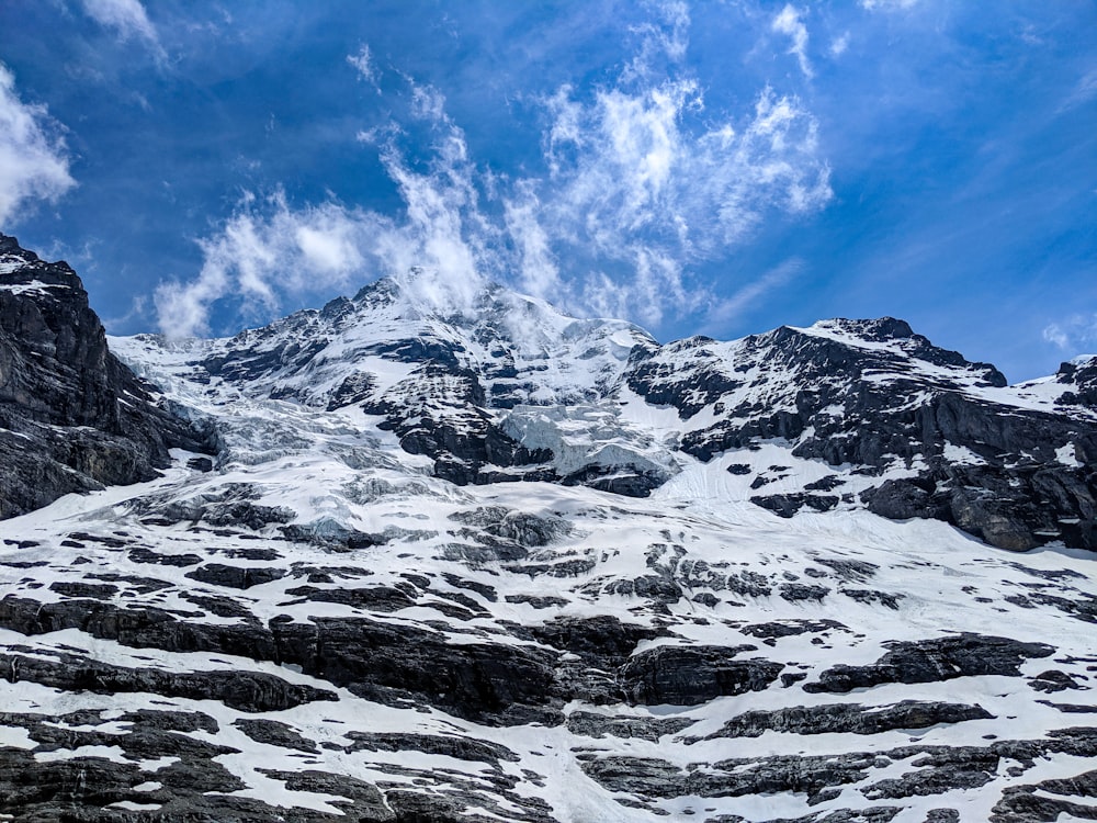 low-angle photography of mountain covered with snow
