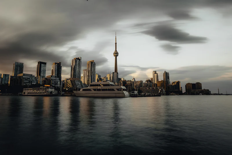 The Toronto skyline at dusk seen across the water