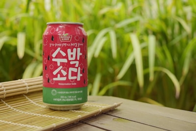 A can of watermelon soda is placed on a bamboo mat against a lush green background. The can is predominantly red with watermelon seeds depicted on it and features both Korean and English text. The setting is outdoors, with tall green grass in the background, suggesting a natural and refreshing atmosphere.