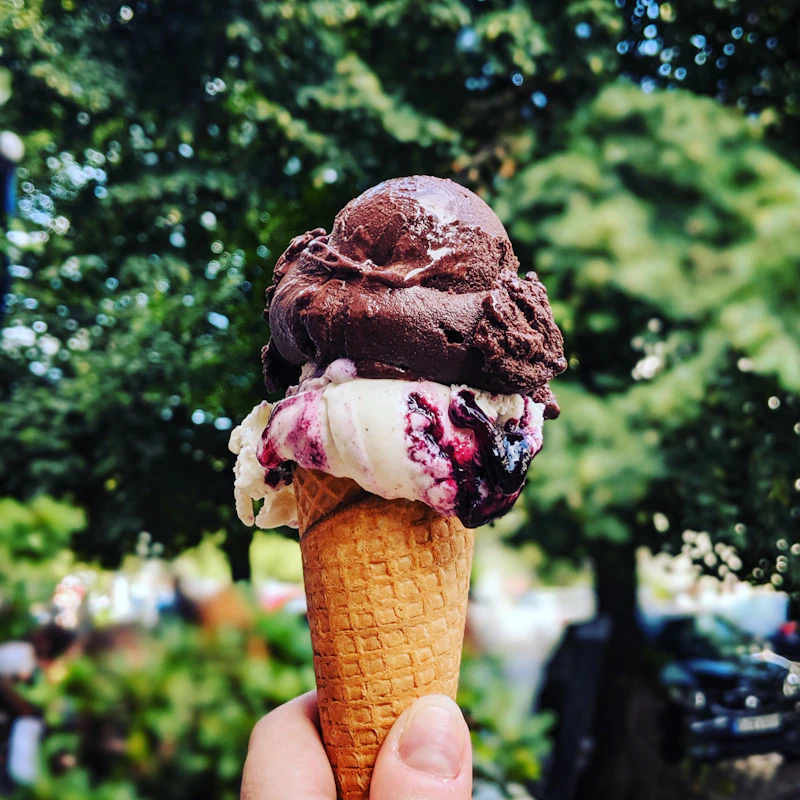 Hand hält eine Waffel mit zwei Kugeln Haselnuss- und Schokoladeneis im Grünen