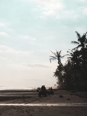 A vibrant scene of an ATV tour along the sandy beach with riders enjoying the ocean breeze under a clear blue sky.