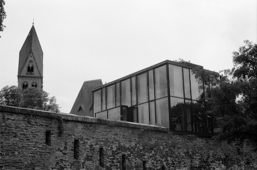 Before and after photo of a restored stone wall on a Lyon rooftop.