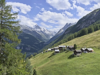A picturesque alpine scene featuring wooden cabins nestled on a lush green hillside. Majestic snow-capped mountains rise in the background under a partially cloudy sky.