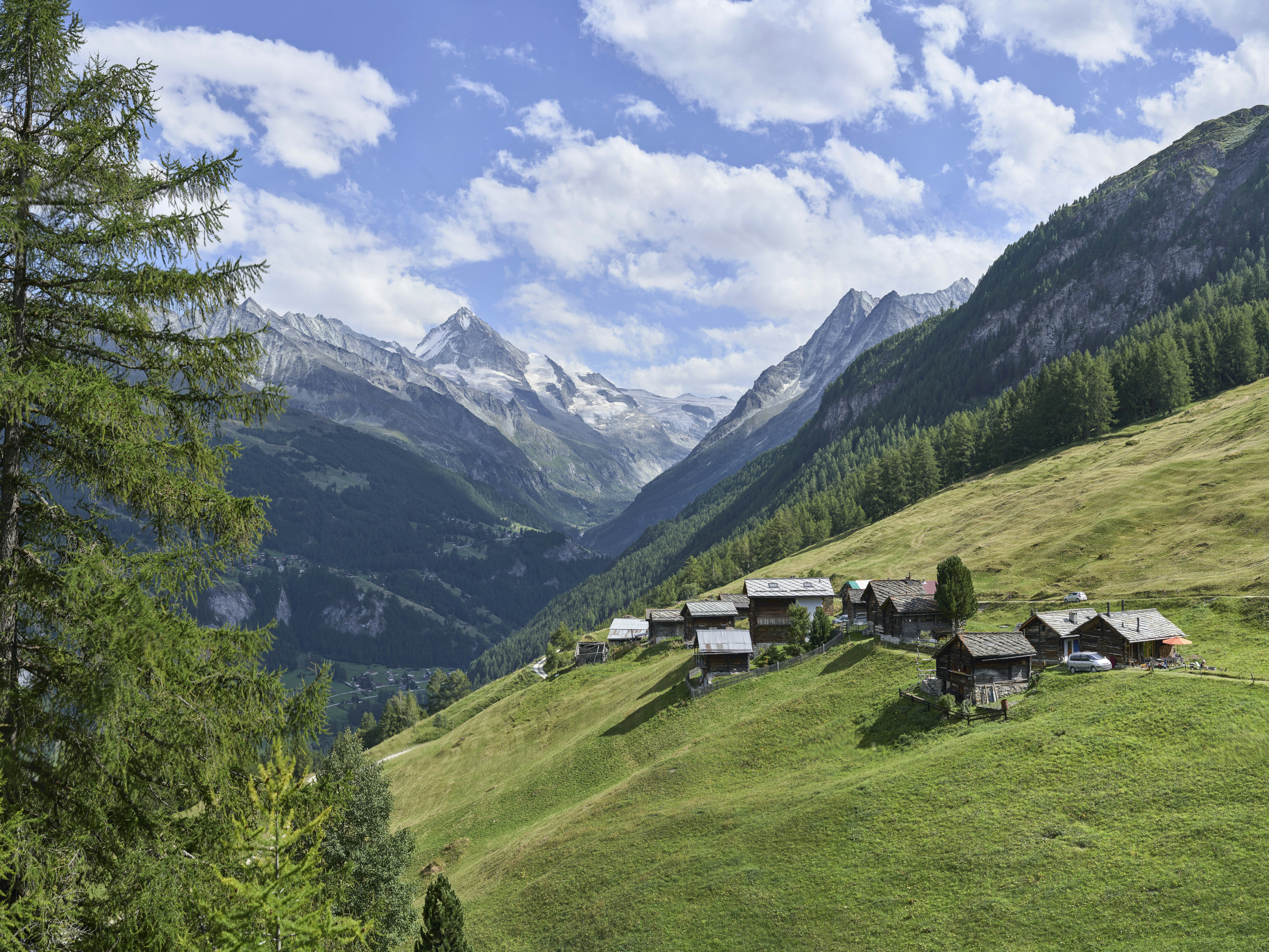 The Alpage of Arbey in Val d'Hérens suspended at the mountain's slope. This village is accessible only from May to October.