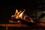A piece of newspaper is partially engulfed in flames, with the bright fire contrasting against a dark background. The flames are vividly yellow and orange, highlighting the texture of the paper as it burns.