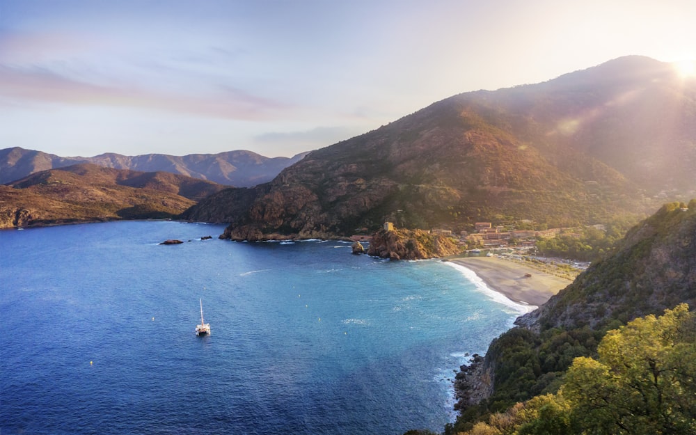 landscape photo of green mountains and shoreline beside body of water