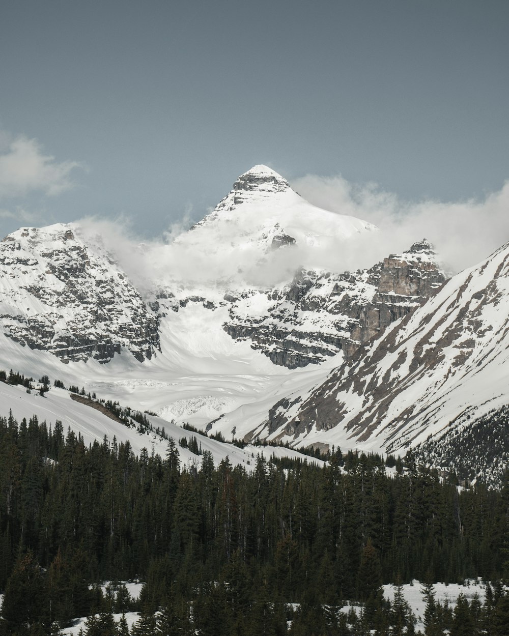 snow-covered mountains under gray sky