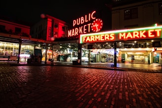 Farmers Market signage at night