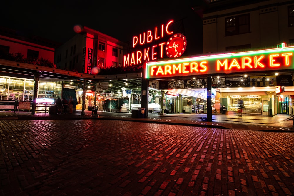 Farmers Market signage at night