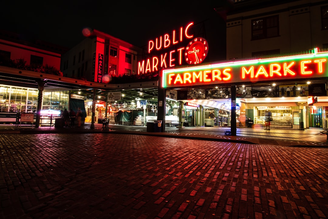Farmers Market signage at night,