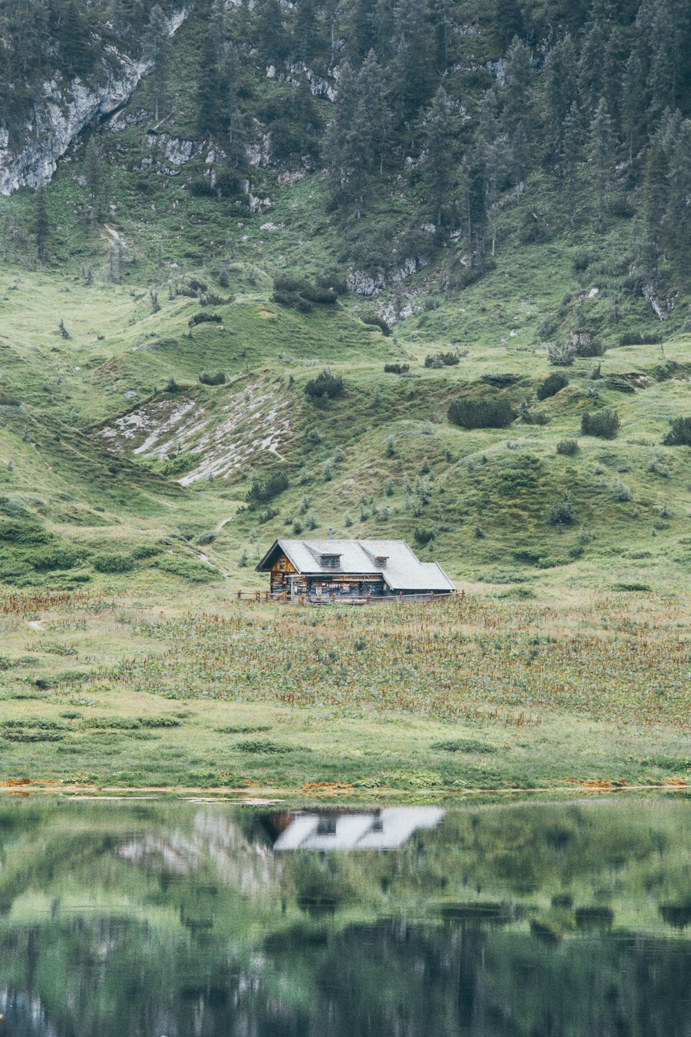 Casa branca e marrom perto da montanha verde