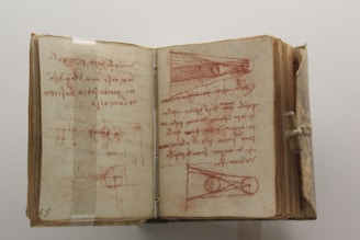 An open, old manuscript displaying a page with hand-drawn sketches and mirrored handwriting in red ink. The sketches appear technical, featuring geometric shapes and diagrams.