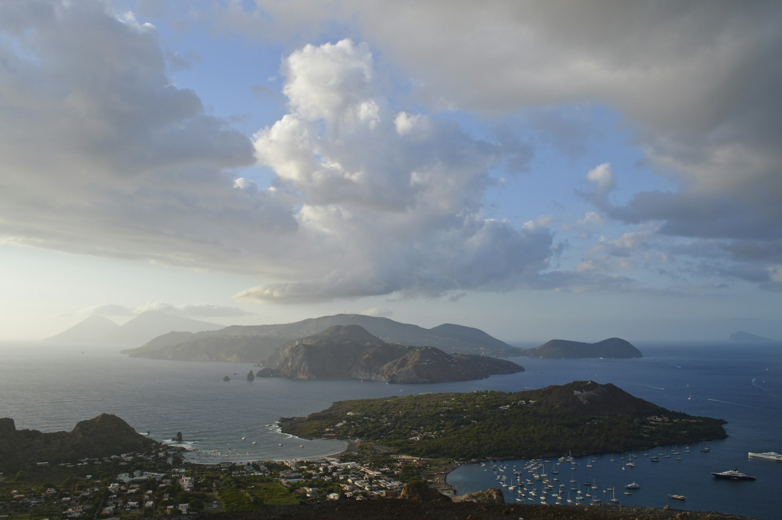 View from the crater rim on Vulcano across the sea toward the neighboring Aeolian Islands