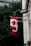 A Canadian flag with a red maple leaf prominently displayed, hanging from a building with architectural details. The background is filled with lush green trees, providing a contrast to the bright colors of the flag. The presence of urban elements such as windows and street lamps indicates a city setting.