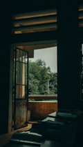A dimly lit interior with an open door leading to a balcony. Outside, lush green trees and part of a railing are visible, suggesting a natural setting. The atmosphere is calm and quiet, with light filtering through the door.