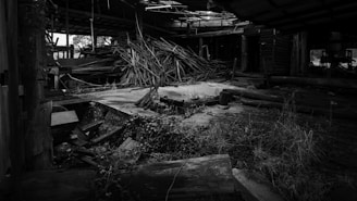 An abandoned industrial space filled with scattered and piled wooden planks. The setting appears deteriorated, with broken structures and overgrown weeds. There are beams and metal debris strewn about, with sunlight filtering through the roof's gaps.