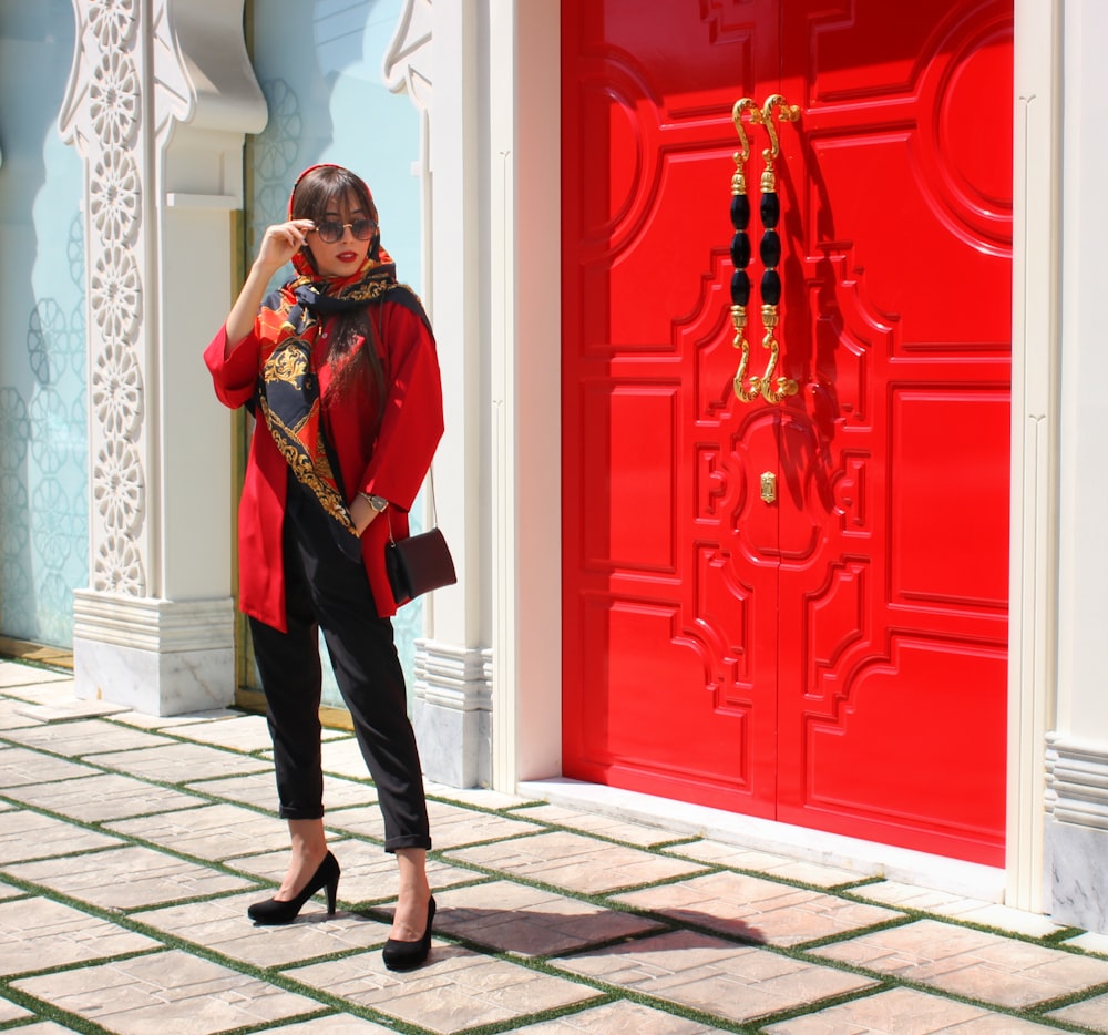 woman standing near door