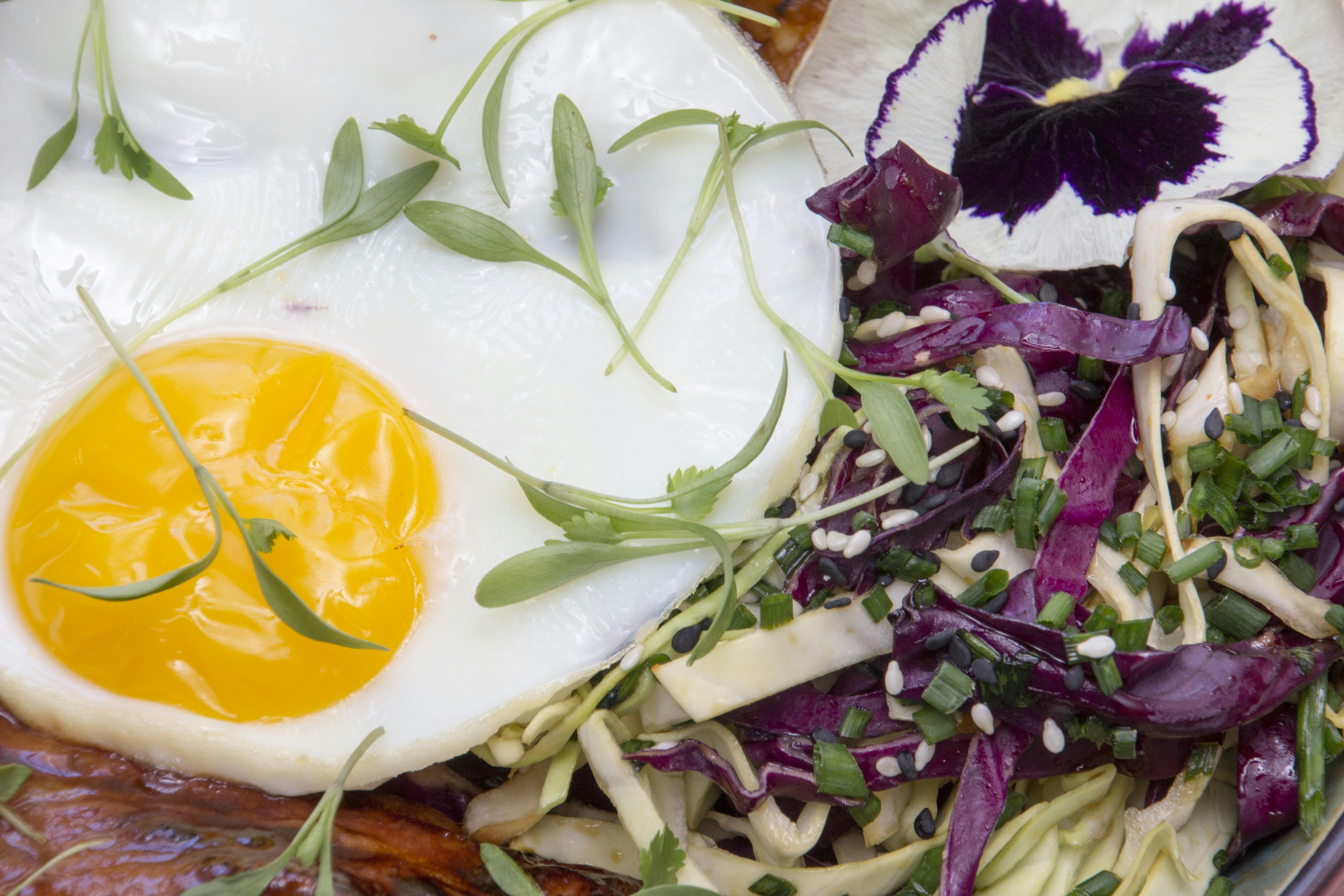 cooked egg beside vegetables