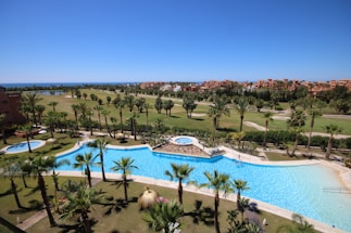 A luxurious resort area featuring a large, serene swimming pool surrounded by numerous palm trees. The pool is shaped uniquely with a round section on one end and an oval pool nearby. Well-maintained lawns and garden areas with tropical vegetation are visible. In the distance, there are landscaped golf courses and a picturesque view of the ocean horizon under a clear blue sky. Modern, colorful buildings are seen in the background.