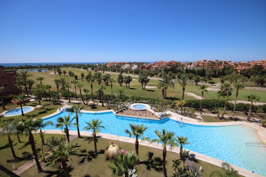 A luxurious resort area featuring a large, serene swimming pool surrounded by numerous palm trees. The pool is shaped uniquely with a round section on one end and an oval pool nearby. Well-maintained lawns and garden areas with tropical vegetation are visible. In the distance, there are landscaped golf courses and a picturesque view of the ocean horizon under a clear blue sky. Modern, colorful buildings are seen in the background.